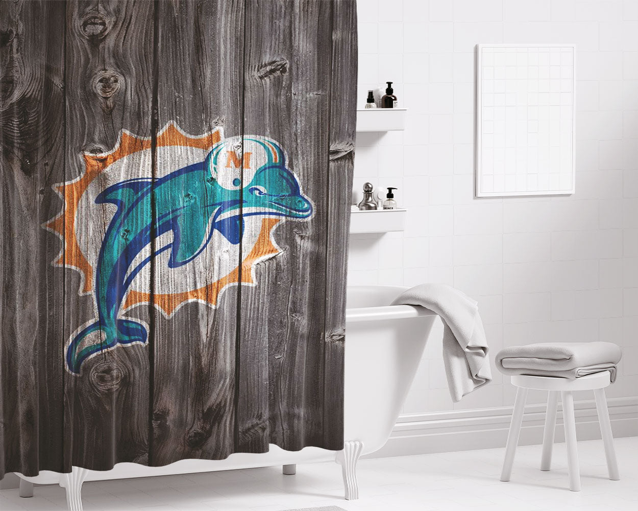 Old Miami Dolphins Nfl Logo Dark Wood Wallpaper Bathroom Shower Curtain Fabric Waterproof | 66 X 72 Inch