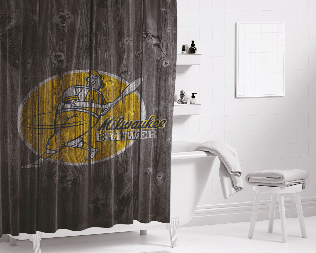 Old Milwaukee Brewers Mlb Logo Dark Wood Wallpaper Bathroom Shower Curtain Fabric Waterproof | 66 X 72 Inch