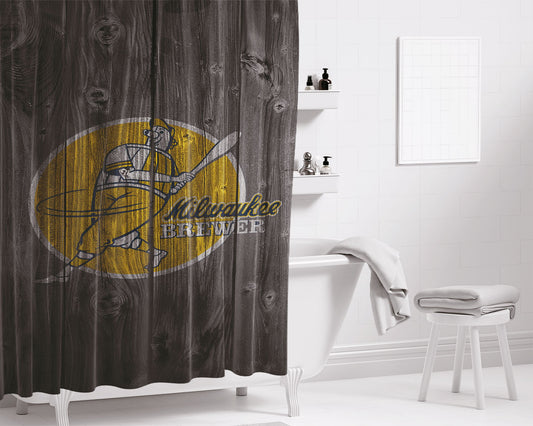 Personalized Old Milwaukee Brewers Mlb Logo Dark Wood Wallpaper Shower Curtain Farmhouse Bathroom Decor