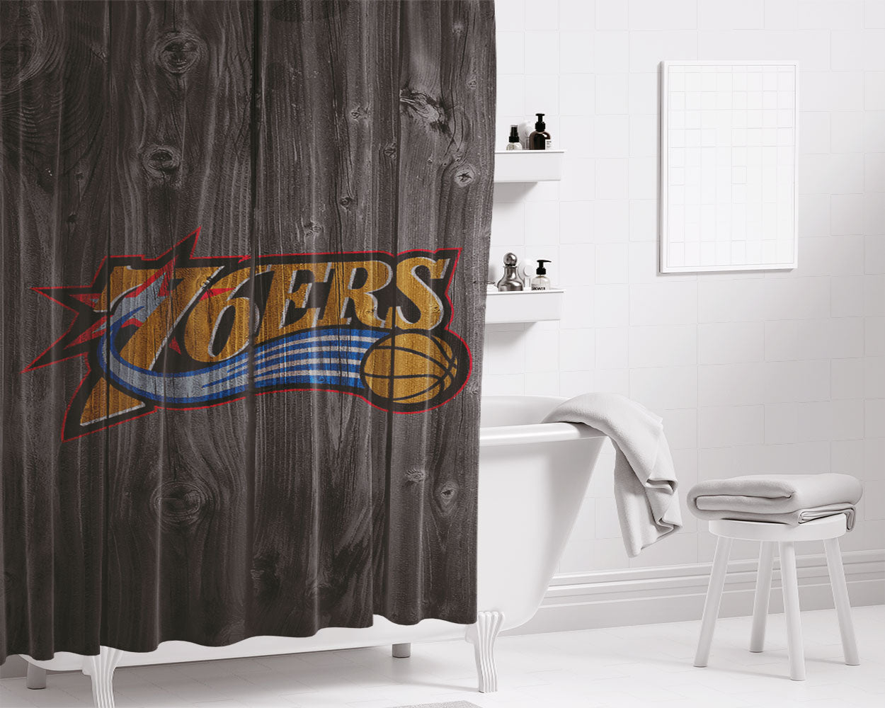 Old Nba Philadelphia 76Ers Logo Dark Wood Wallpaper Bathroom Shower Curtain Fabric Waterproof | 66 X 72 Inch