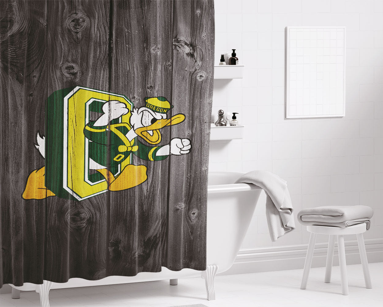 Oregon Ducks University Nfl Logo Dark Wood Wallpaper Bathroom Shower Curtain Fabric Waterproof | 66 X 72 Inch