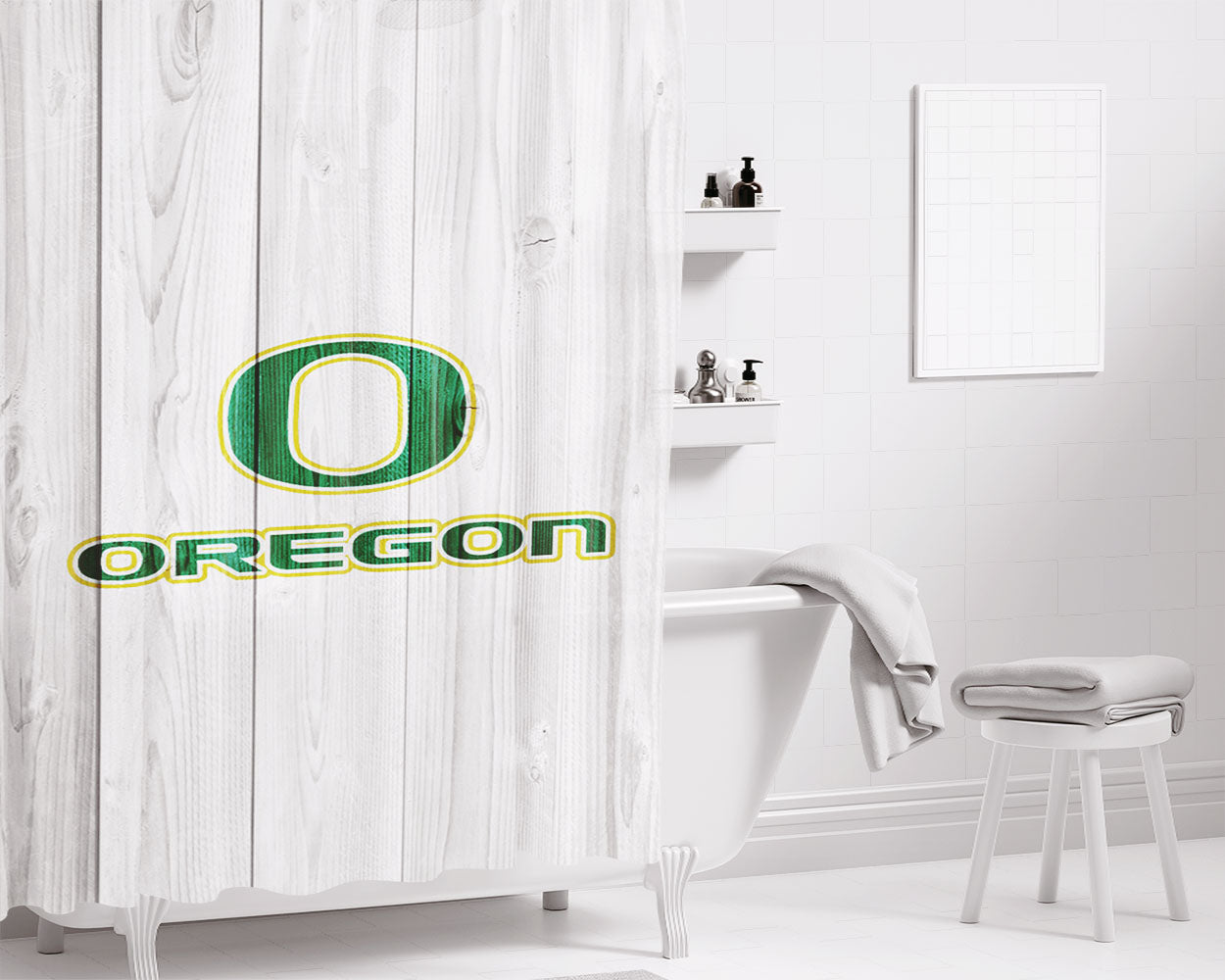 Oregon Ducks University Nfl Logo White Wood Wallpaper 3 Bathroom Shower Curtain Fabric Waterproof | 66 X 72 Inch