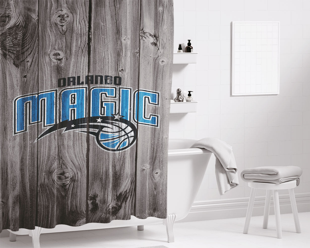 Orlando Magic Nba Logo Dark Wood Wallpaper Bathroom Shower Curtain Fabric Waterproof | 66 X 72 Inch