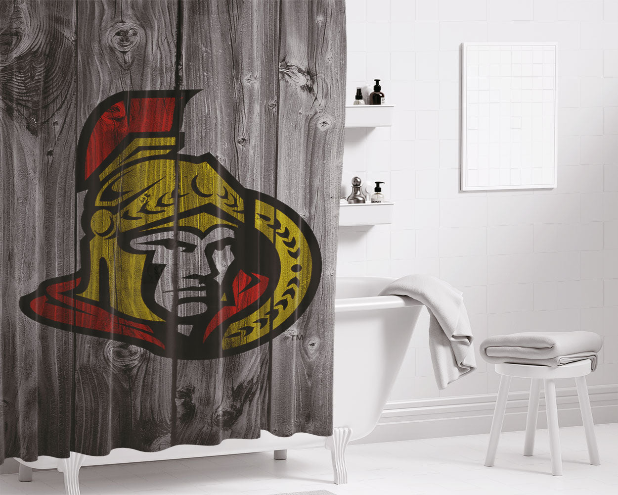 Ottawa Senators Nhl Wood Logo Dark Wood Wallpaper Bathroom Shower Curtain Fabric Waterproof | 66 X 72 Inch