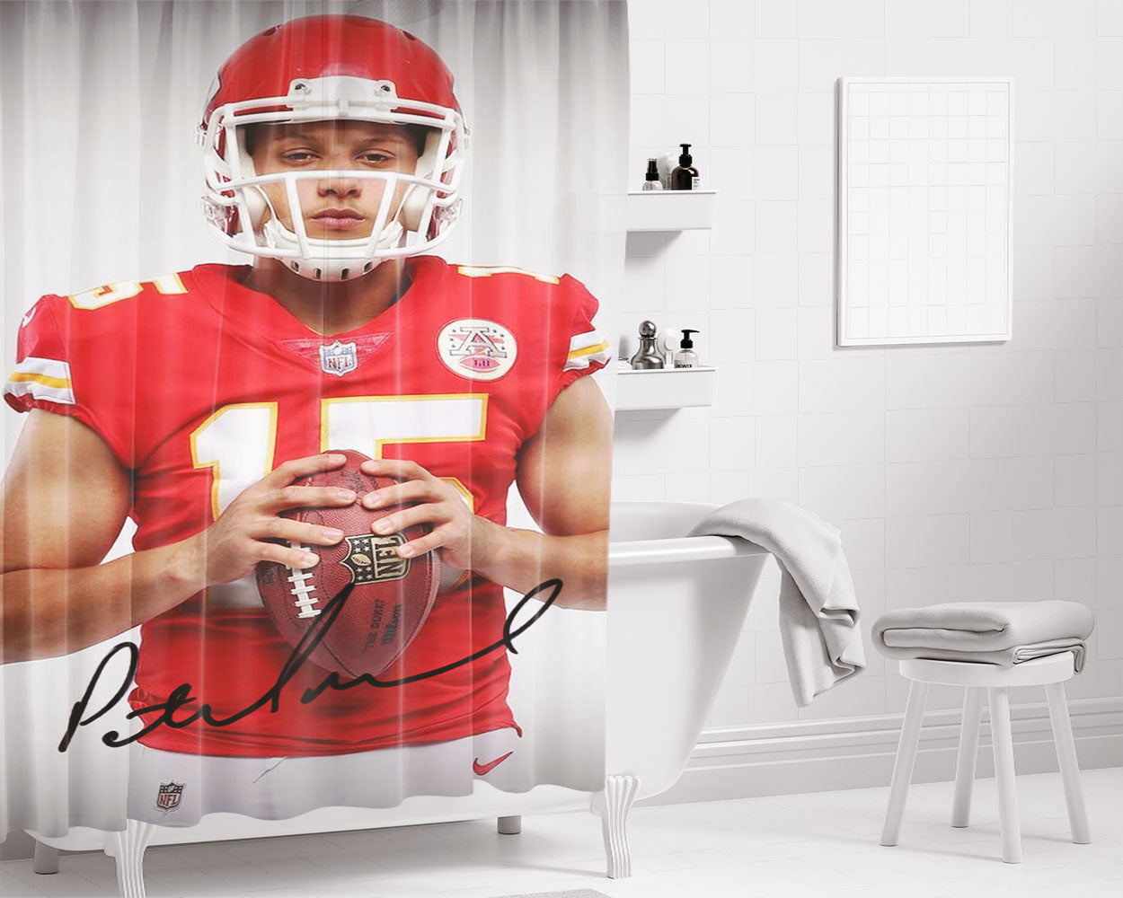 Patrick Mahomes Kansas City Chiefs Signature Bathroom Shower Curtain Fabric Waterproof | 66 X 72 Inch