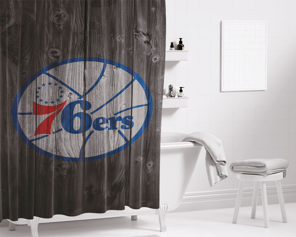Philadelphia 76Ers Nba Logo Dark Wood Wallpaper Bathroom Shower Curtain Fabric Waterproof | 66 X 72 Inch