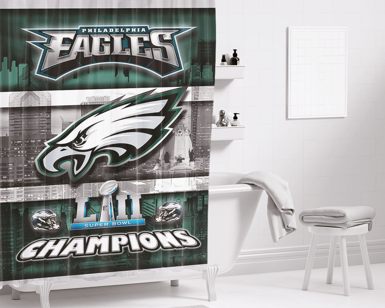 Philadelphia Eagles Super Bowl Champions Wallpaper Bathroom Shower Curtain Fabric Waterproof | 66 X 72 Inch