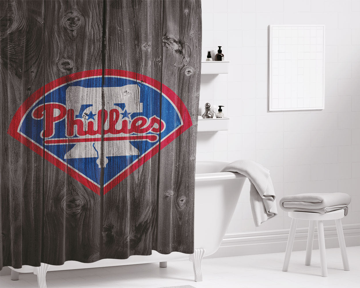 Philadelphia Phillies Mlb Logo Dark Wood Wallpaper Bathroom Shower Curtain Fabric Waterproof | 66 X 72 Inch