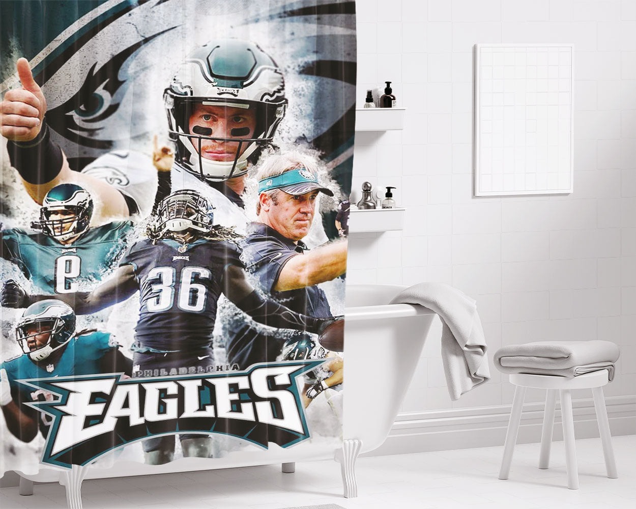 Philadelphia Super Bowl Eagles Bathroom Shower Curtain Fabric Waterproof | 66 X 72 Inch