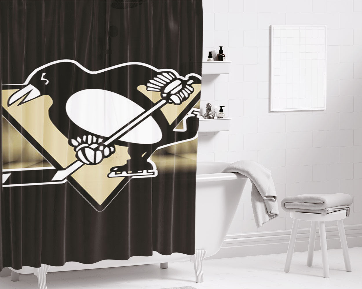 Pittsburgh Penguins Art Bathroom Shower Curtain Fabric Waterproof | 66 X 72 Inch