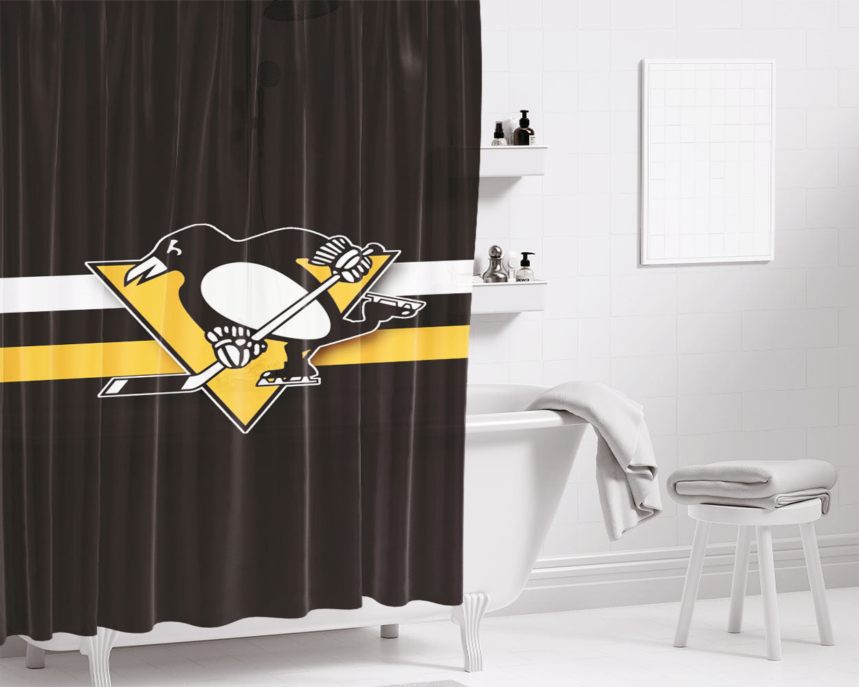 Pittsburgh Penguins Hockey Bathroom Shower Curtain Fabric Waterproof | 66 X 72 Inch