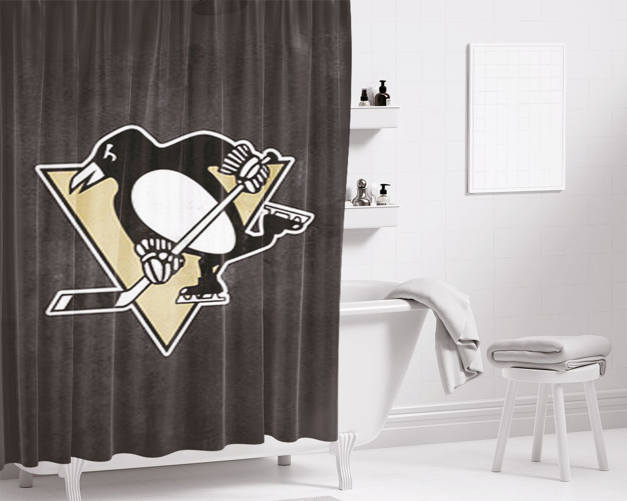 Pittsburgh Penguins Logo Dark Gray Bathroom Shower Curtain Fabric Waterproof | 66 X 72 Inch