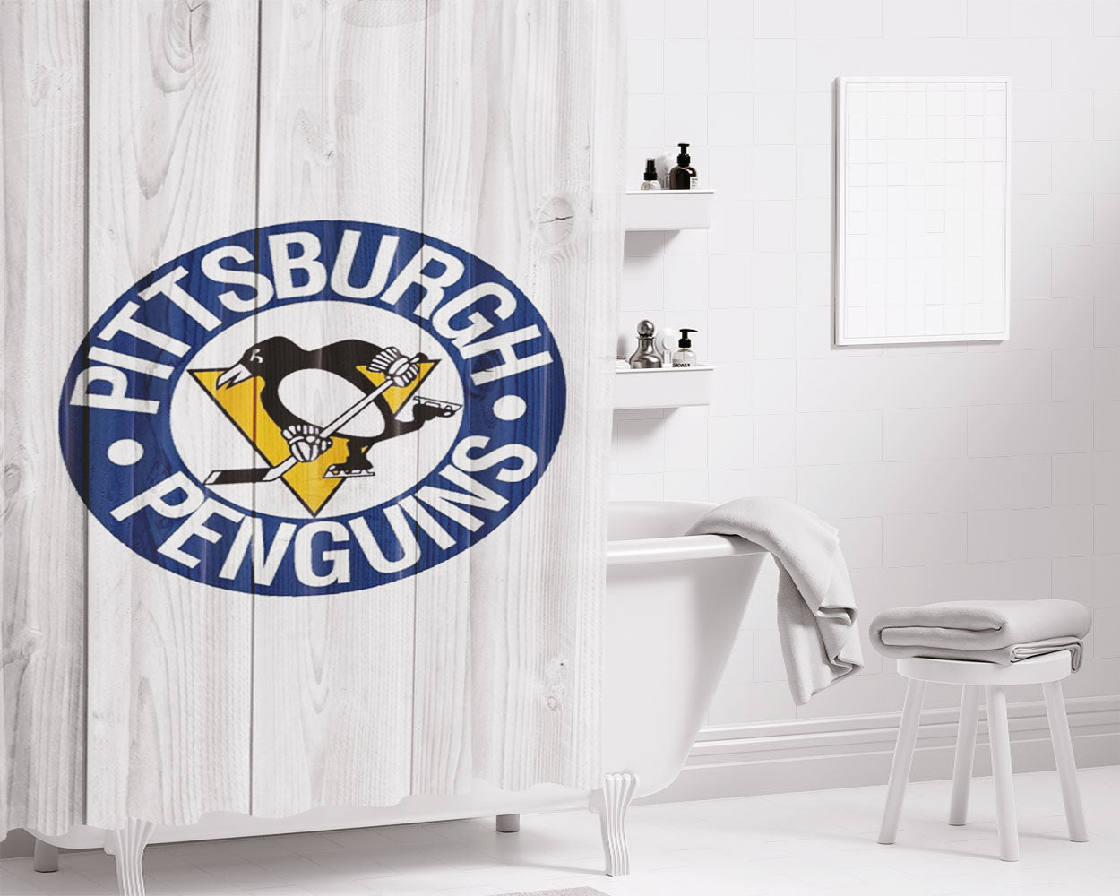 Pittsburgh Penguins Nhl Logo Wood Wallpaper Bathroom Shower Curtain Fabric Waterproof | 66 X 72 Inch