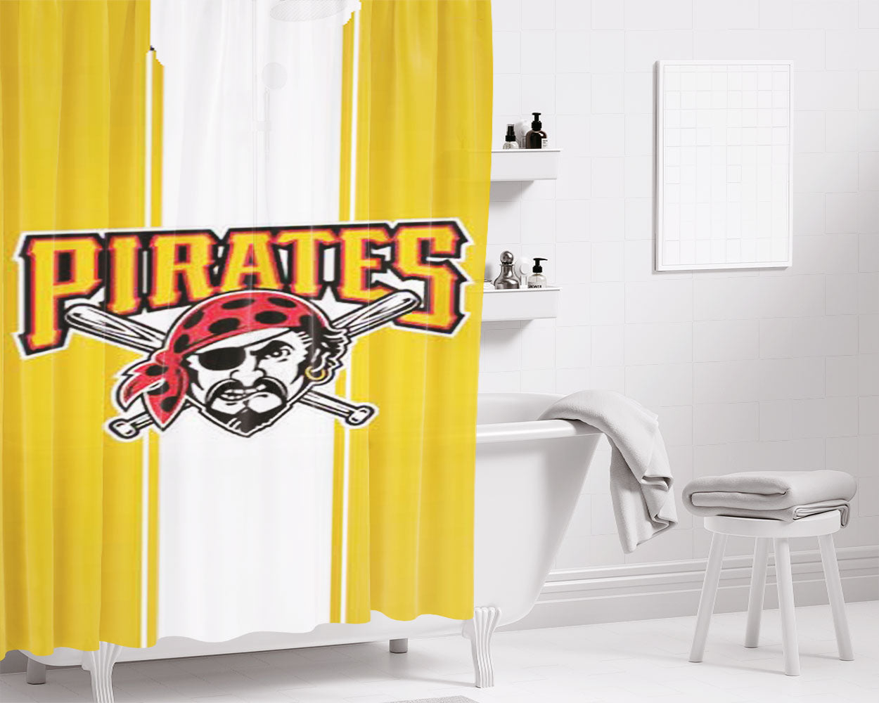 Pittsburgh Pirates Stripe On Yellow Bathroom Shower Curtain Fabric Waterproof | 66 X 72 Inch
