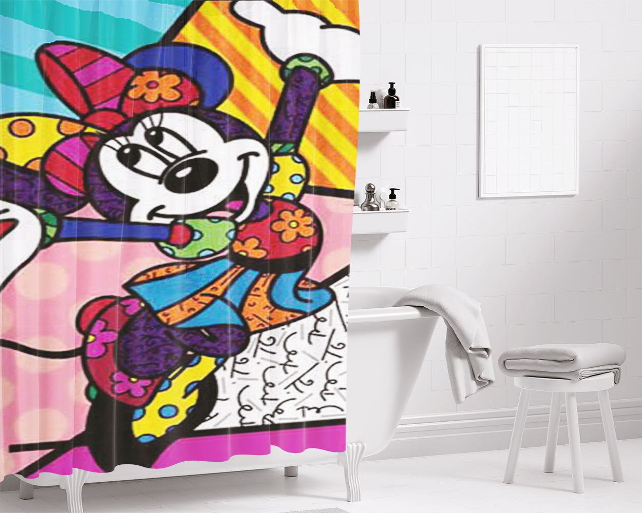 Romero Britto Minnie Mouse Bathroom Shower Curtain Fabric Waterproof | 66 X 72 Inch