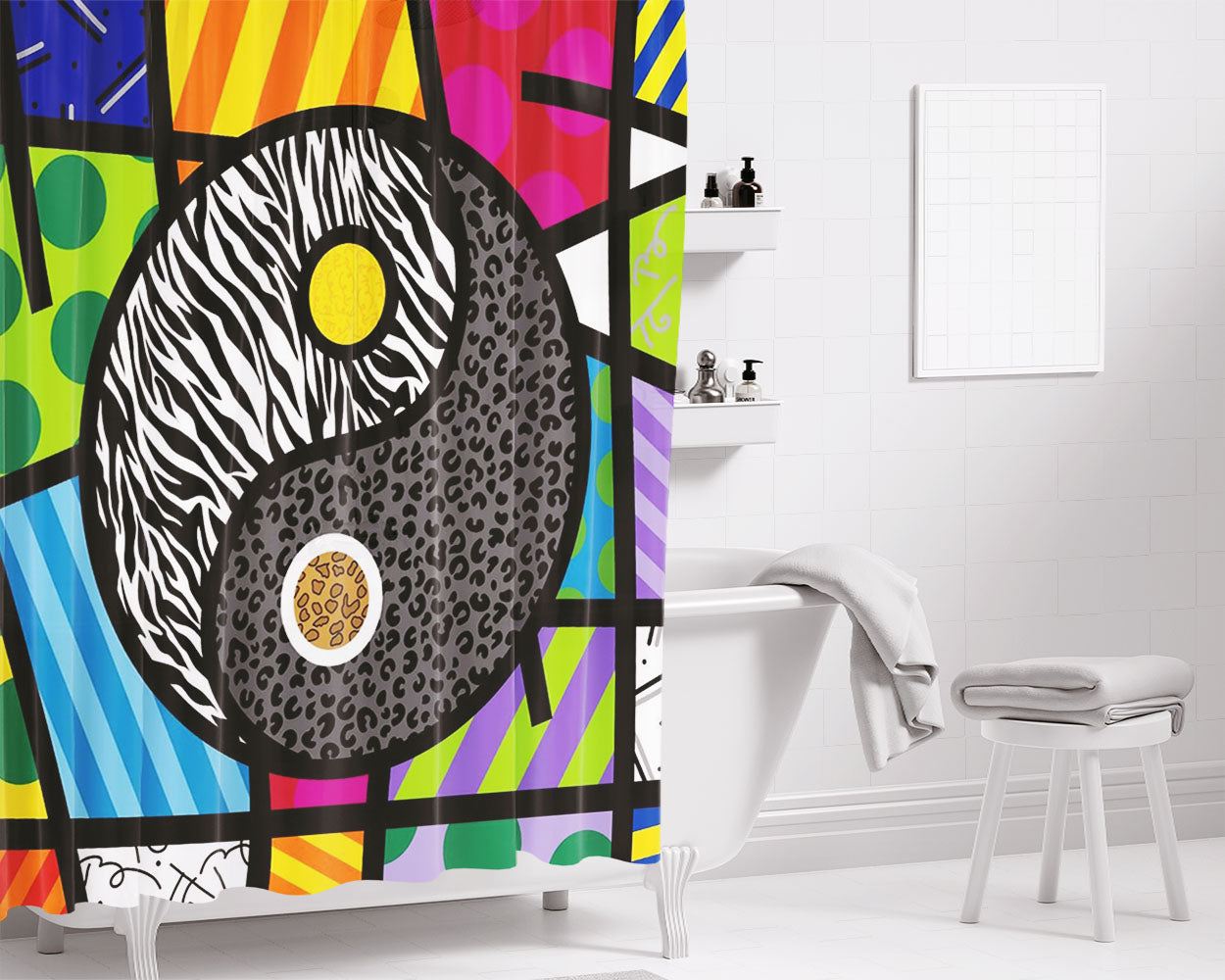 Romero Britto Yin Yang Wallpaper Bathroom Shower Curtain Fabric Waterproof | 66 X 72 Inch