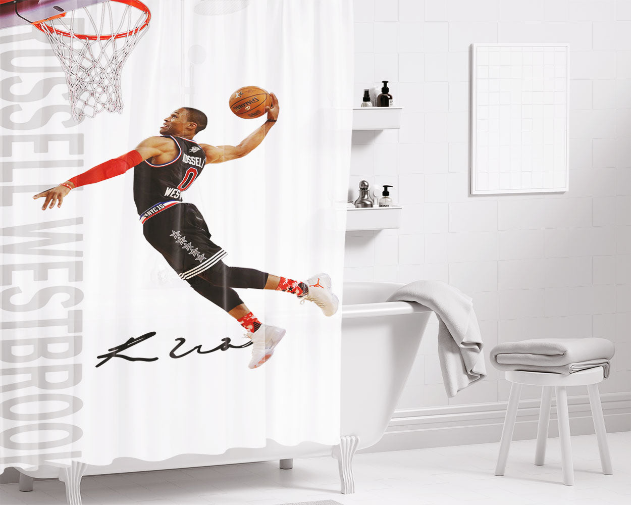 Russell Westbrook Signature Houston Slam Dunk Bathroom Shower Curtain Fabric Waterproof | 66 X 72 Inch