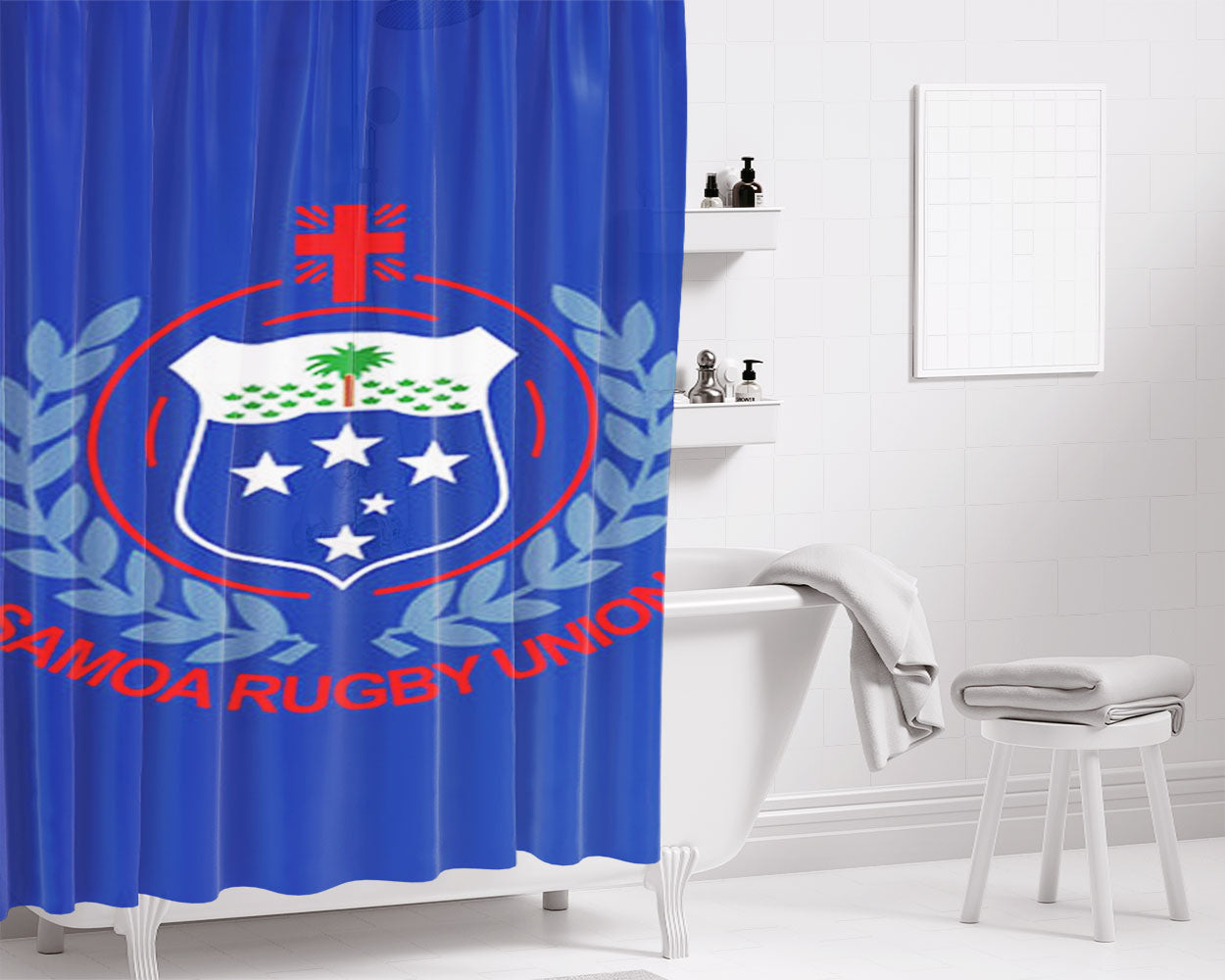 Samoa Rugby Union Logo Blue Bathroom Shower Curtain Fabric Waterproof | 66 X 72 Inch