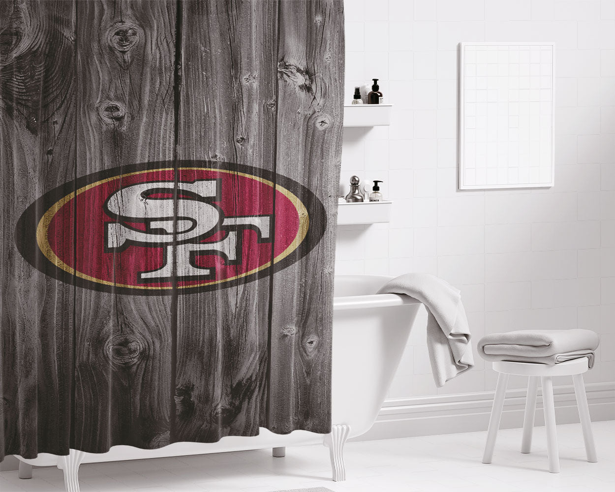 San Francisco 49Ers Nfl Wood Logo Dark Wood Wallpaper Bathroom Shower Curtain Fabric Waterproof | 66 X 72 Inch