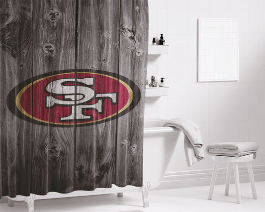 Personalized San Francisco 49Ers Nfl Wood Logo Dark Wood Wallpaper Shower Curtain Farmhouse Bathroom Decor