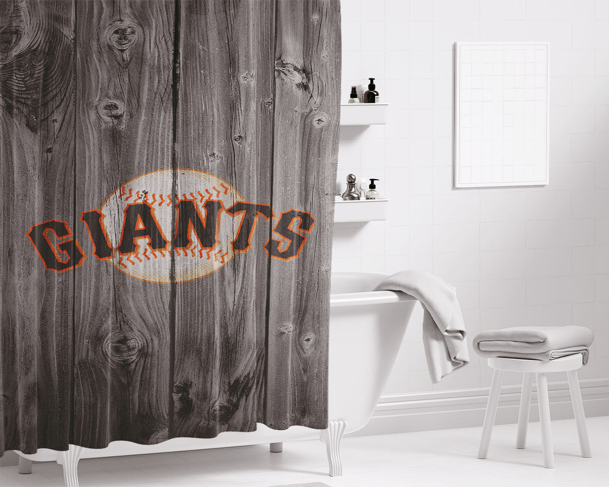 San Francisco Giants Mlb Logo Dark Wood Wallpaper Bathroom Shower Curtain Fabric Waterproof | 66 X 72 Inch