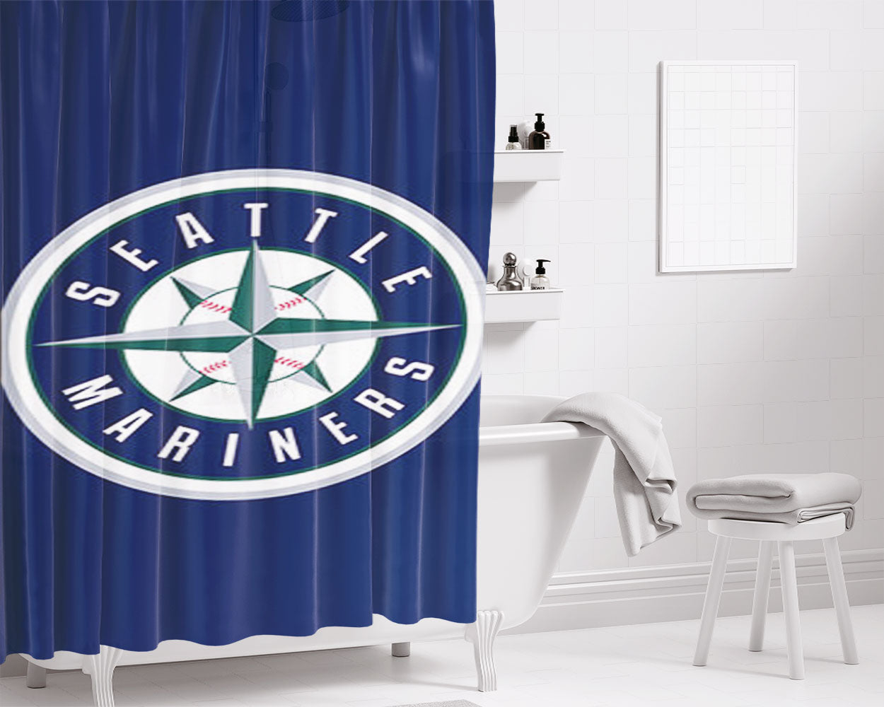 Seattle Mariners Baseball Logo Blue Bathroom Shower Curtain Fabric Waterproof | 66 X 72 Inch