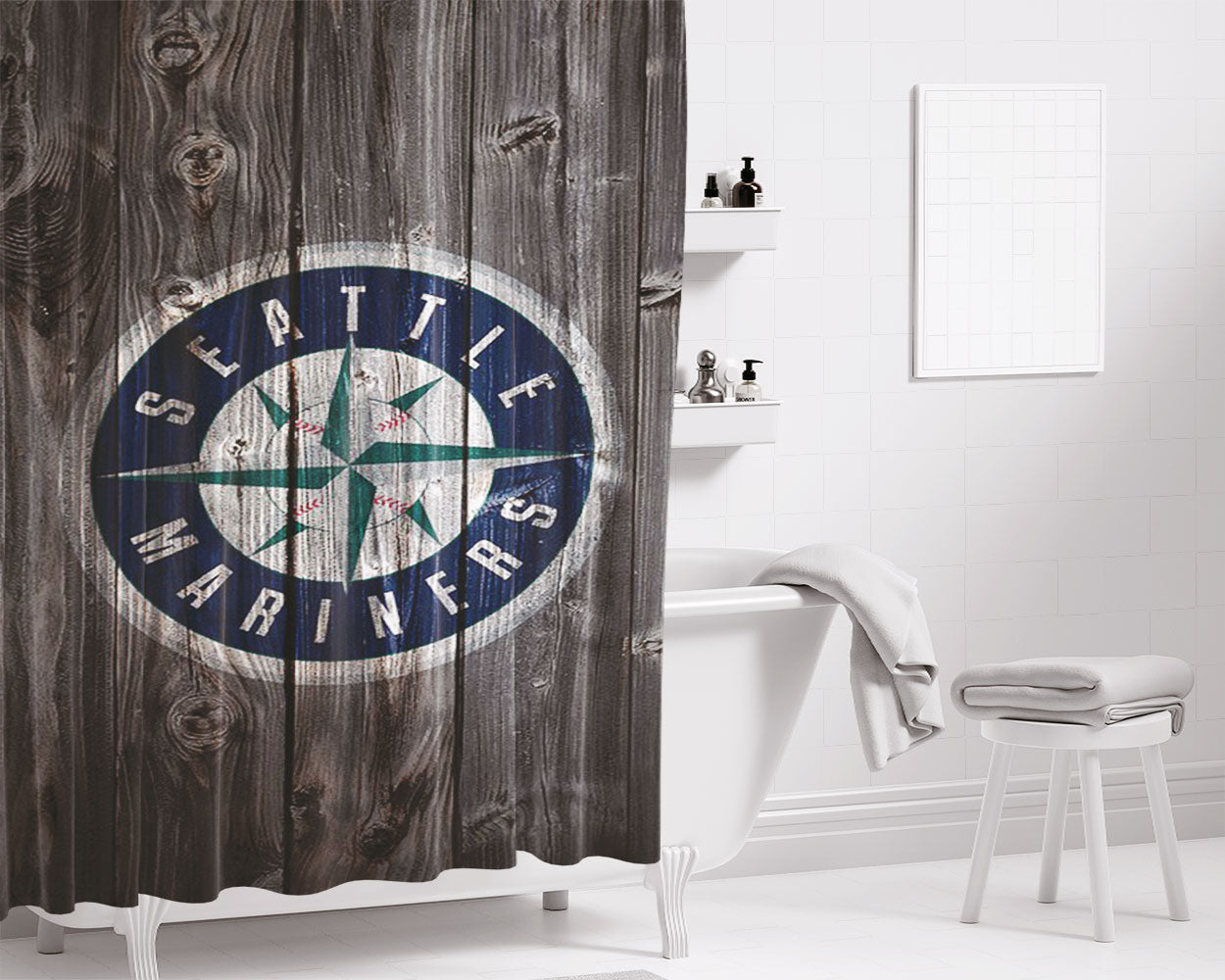 Seattle Mariners Mlb Logo Dark Wood Bathroom Shower Curtain Fabric Waterproof | 66 X 72 Inch