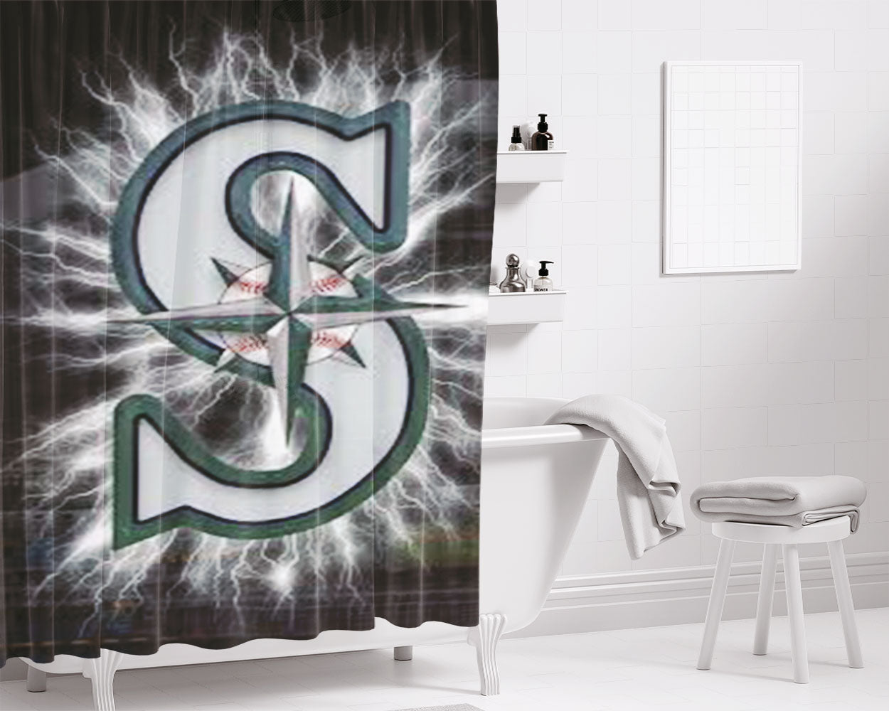 Seattle Mariners Mlb Logo Bathroom Shower Curtain Fabric Waterproof | 66 X 72 Inch