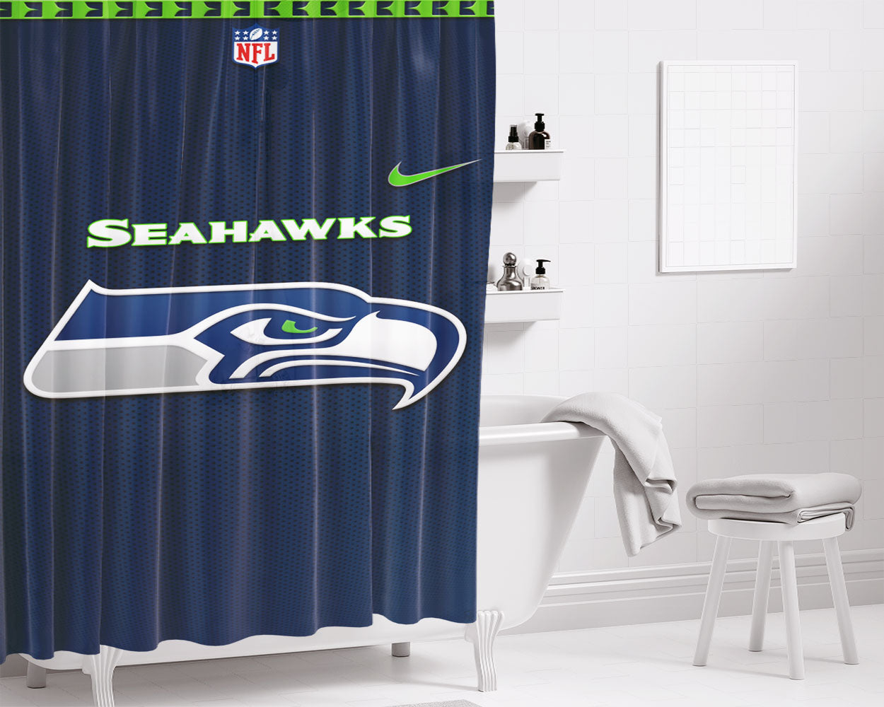 Seattle Seahawks Fiber Blue Nfl Pictures Bathroom Shower Curtain Fabric Waterproof | 66 X 72 Inch