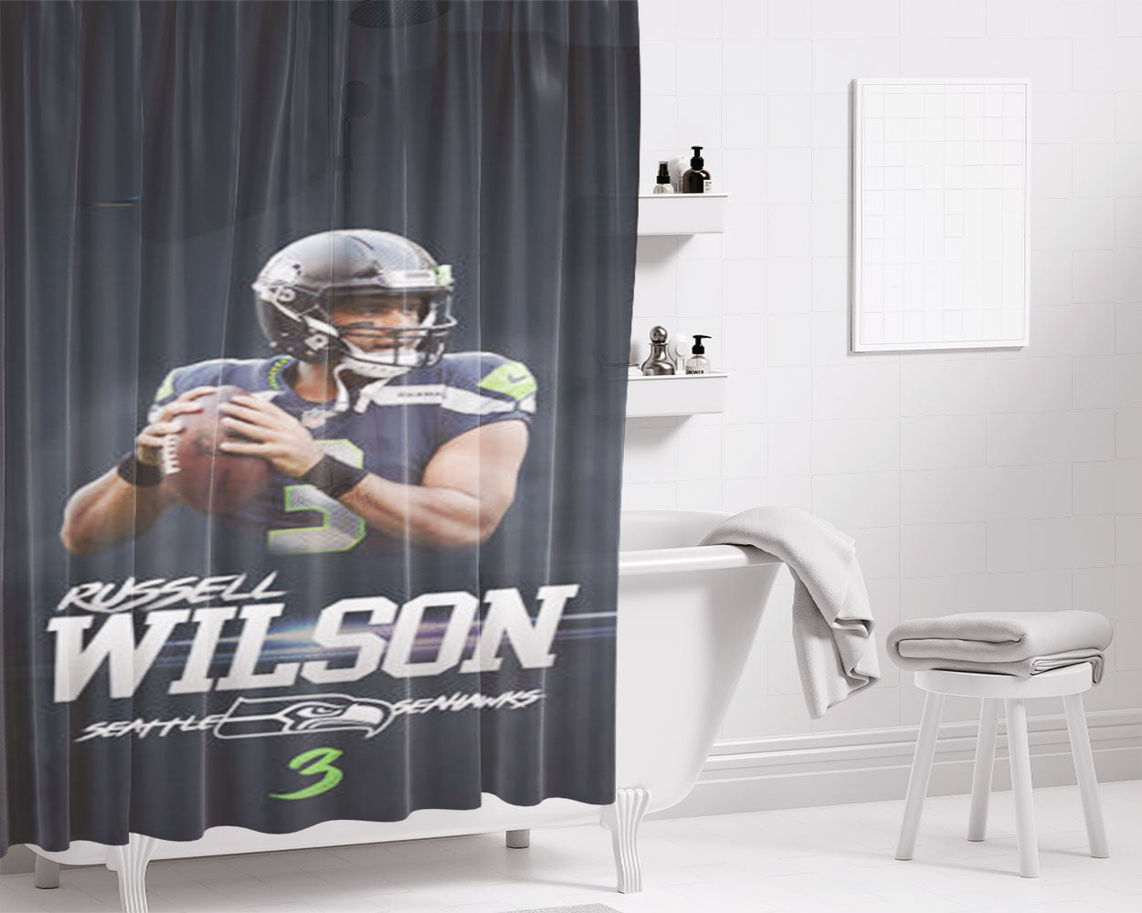 Seattle Seahawks Russell Wilson Bathroom Shower Curtain Fabric Waterproof | 66 X 72 Inch