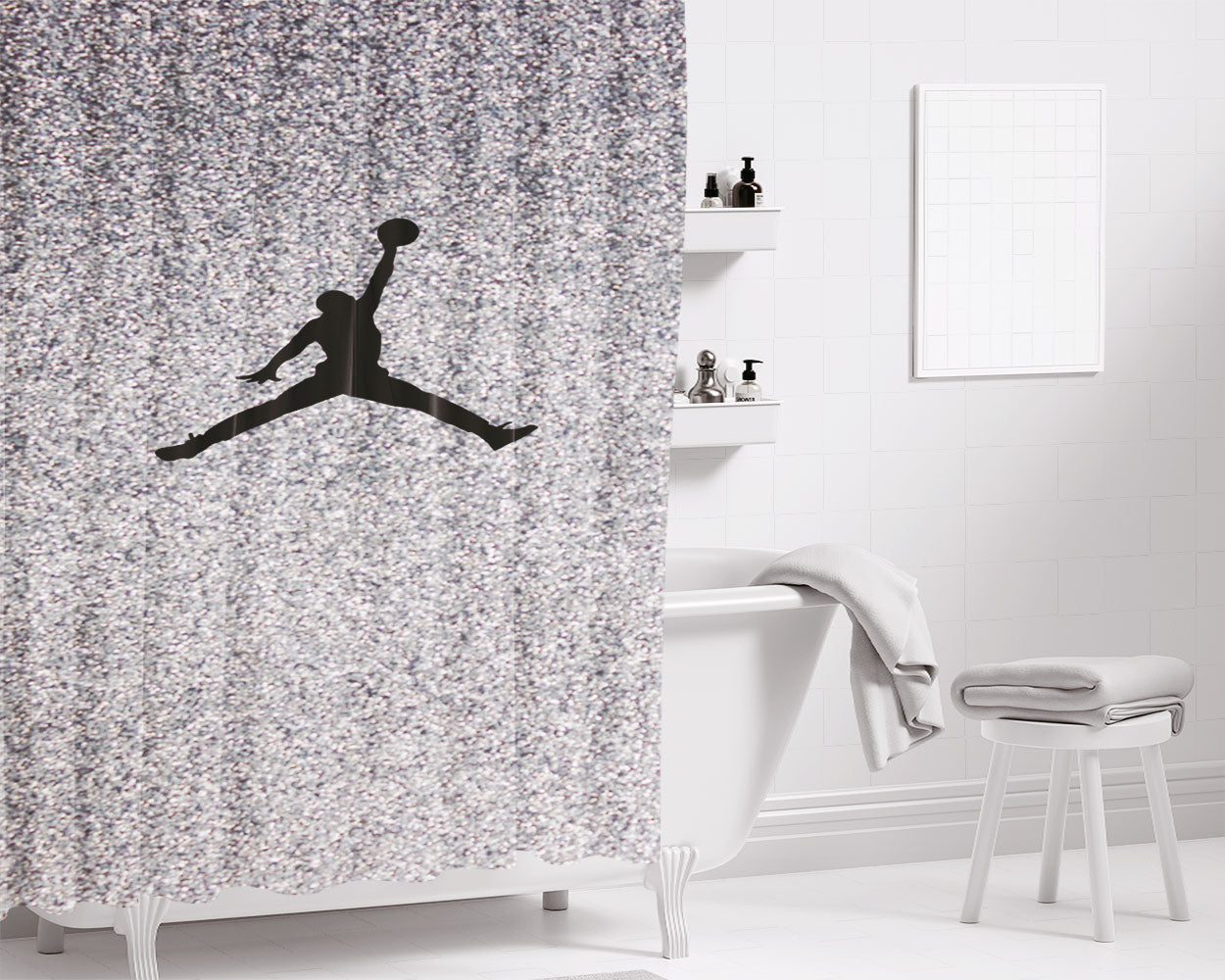 Silver Glitter Air Jordan Logo Bathroom Shower Curtain Fabric Waterproof | 66 X 72 Inch