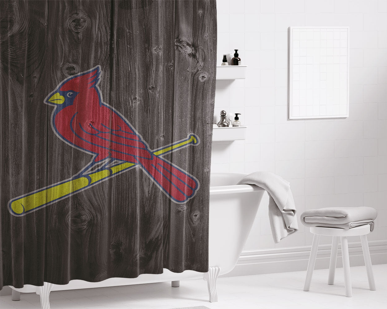 St Louis Cardinals Mlb Logo Dark Wood Wallpaper Bathroom Shower Curtain Fabric Waterproof | 66 X 72 Inch