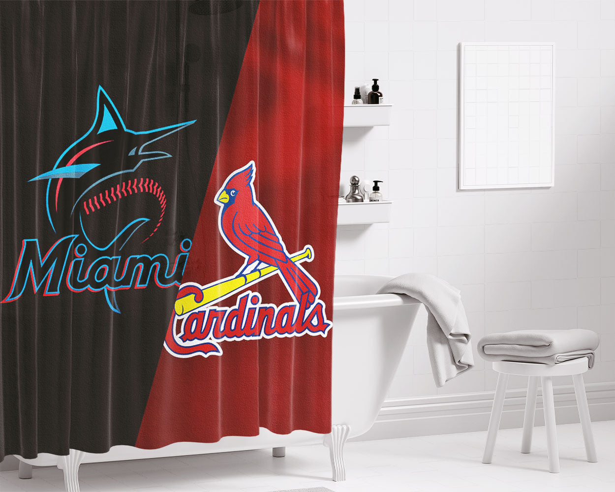 St Louis Cardinals X Miami Marlins Emblem Bathroom Shower Curtain Fabric Waterproof | 66 X 72 Inch