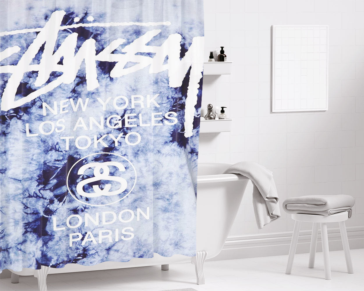 Stussy World Tour Baseball Bathroom Shower Curtain Fabric Waterproof | 66 X 72 Inch