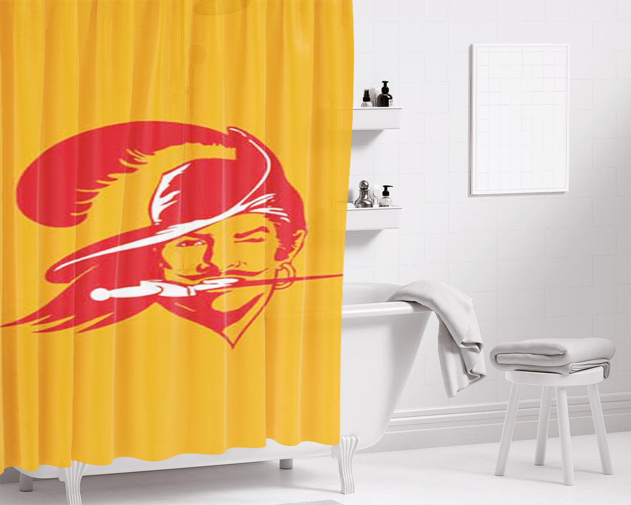 Tampa Bay Bucs Logo On Orange Bathroom Shower Curtain Fabric Waterproof | 66 X 72 Inch