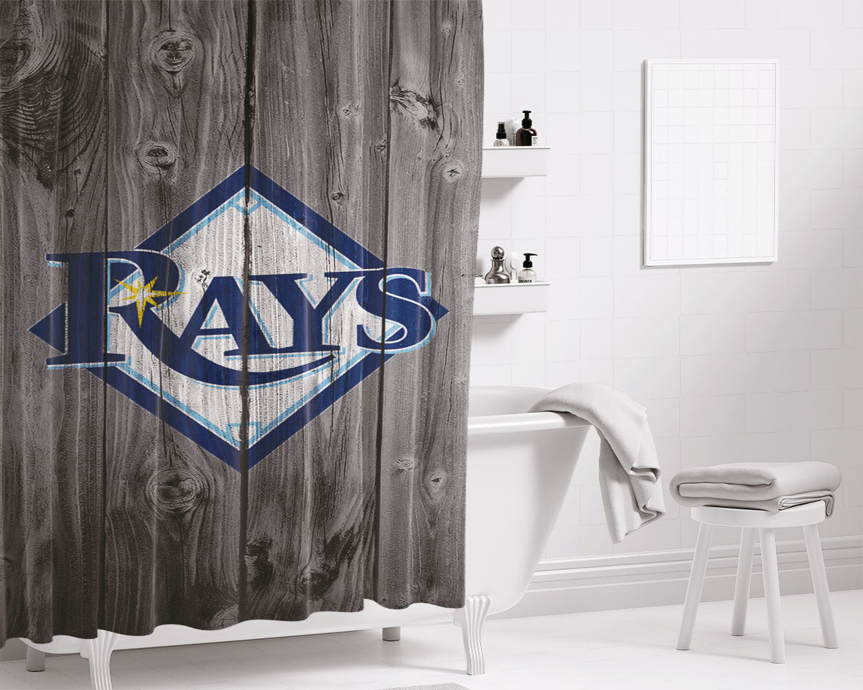 Tampa Bay Rays Mlb Logo Dark Wood Wallpaper Bathroom Shower Curtain Fabric Waterproof | 66 X 72 Inch
