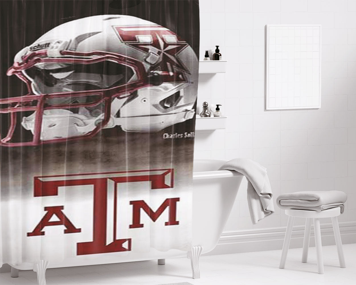 Texas A M Helmet Logo Bathroom Shower Curtain Fabric Waterproof | 66 X 72 Inch