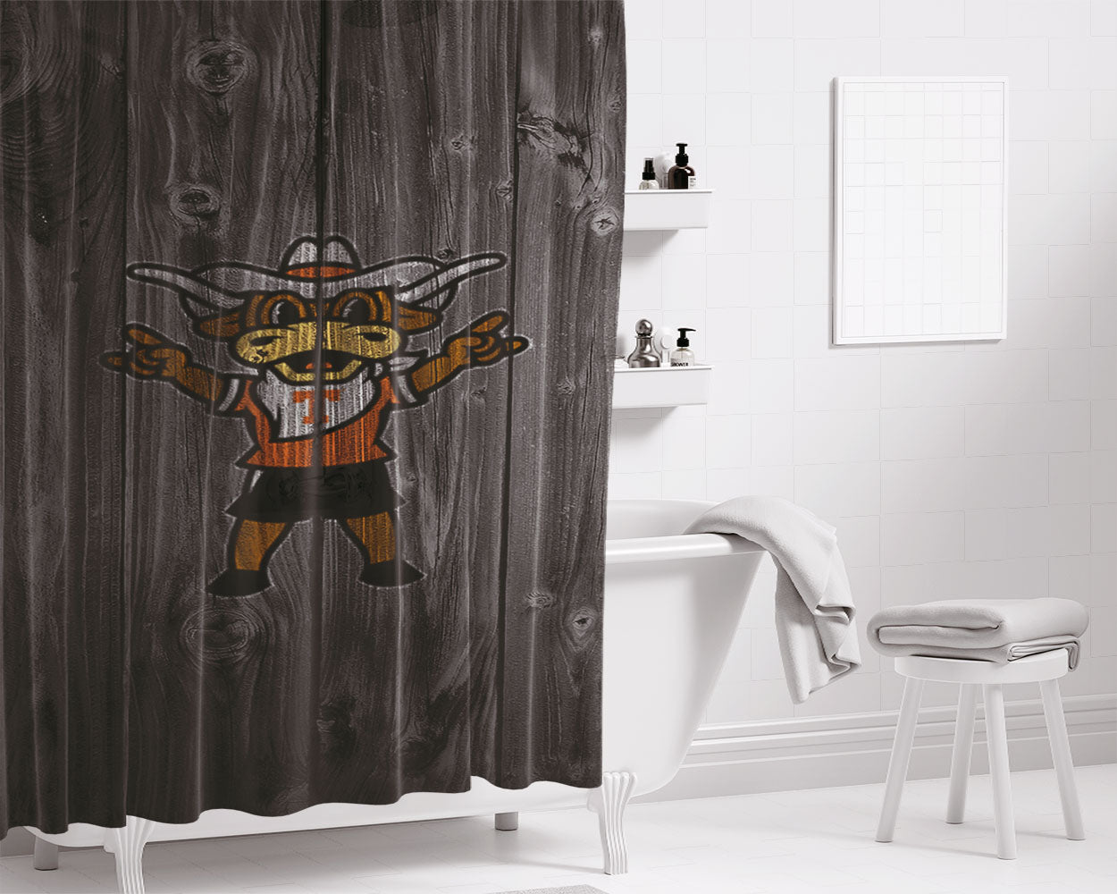Texas Longhorns Bull Logo Dark Wood Wallpaper Bathroom Shower Curtain Fabric Waterproof | 66 X 72 Inch