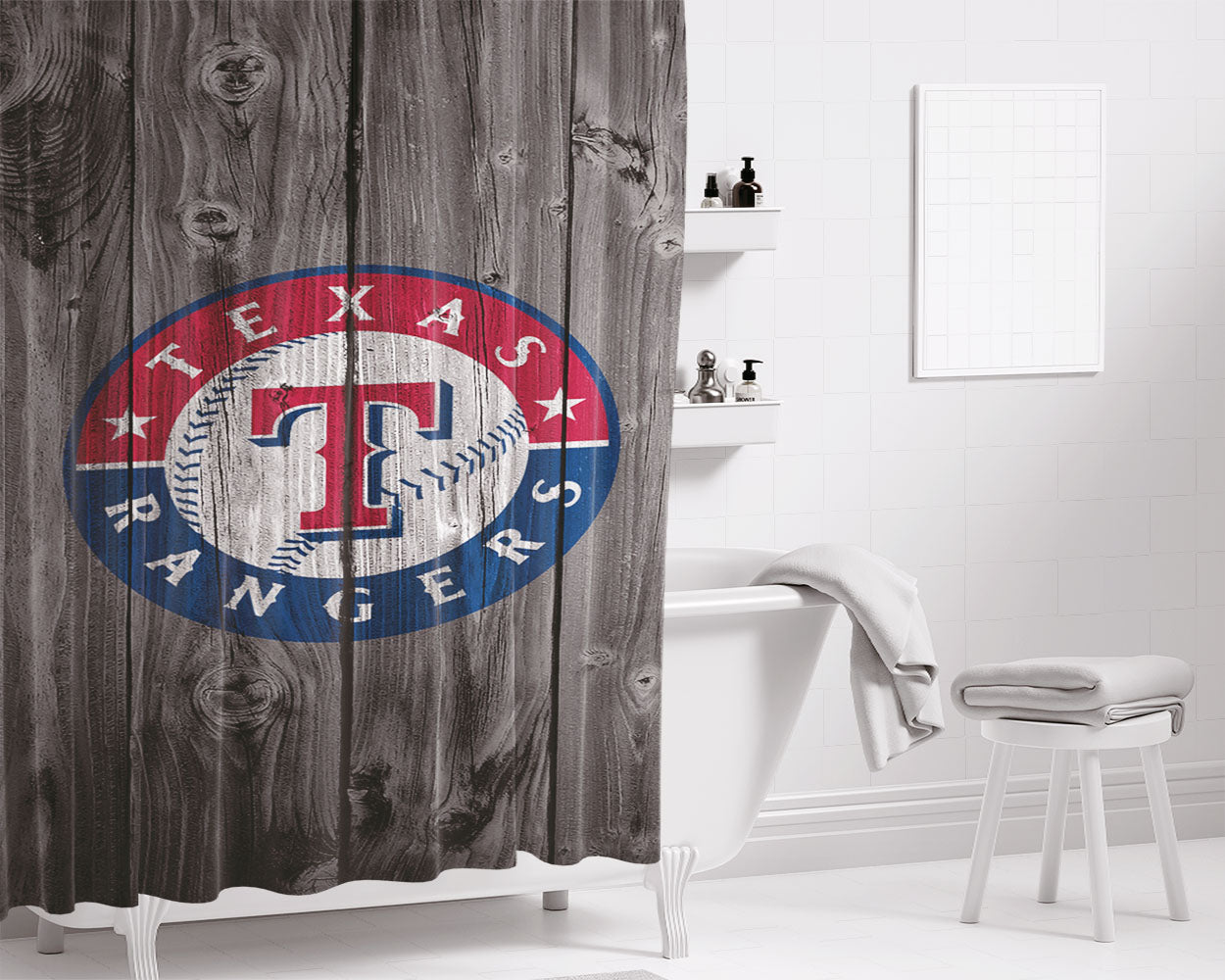 Texas Rangers Mlb Logo Dark Wood Wallpaper Bathroom Shower Curtain Fabric Waterproof | 66 X 72 Inch