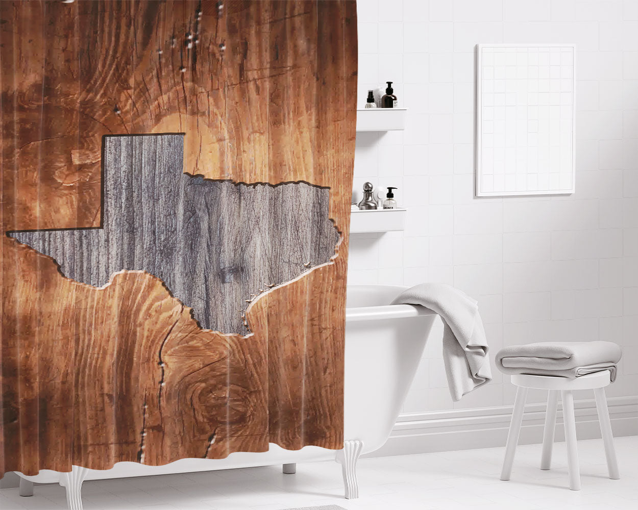 Texas States Map Two Tone Wood Texture Bathroom Shower Curtain Fabric Waterproof | 66 X 72 Inch