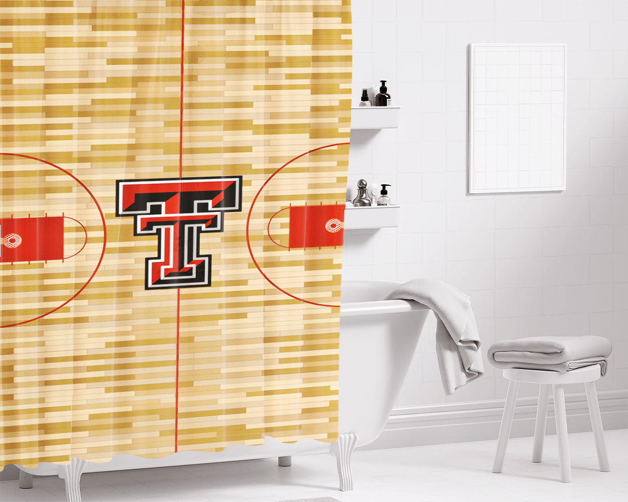 Texas Tech Red Raiders Basketball Team Court Wallpaper Bathroom Shower Curtain Fabric Waterproof | 66 X 72 Inch