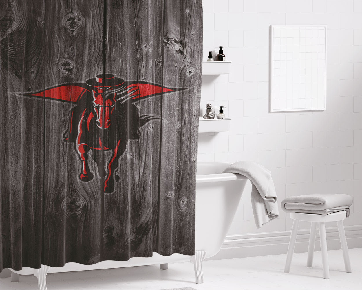 Texas Tech Red Raiders Logo Dark Wood Wallpaper Bathroom Shower Curtain Fabric Waterproof | 66 X 72 Inch
