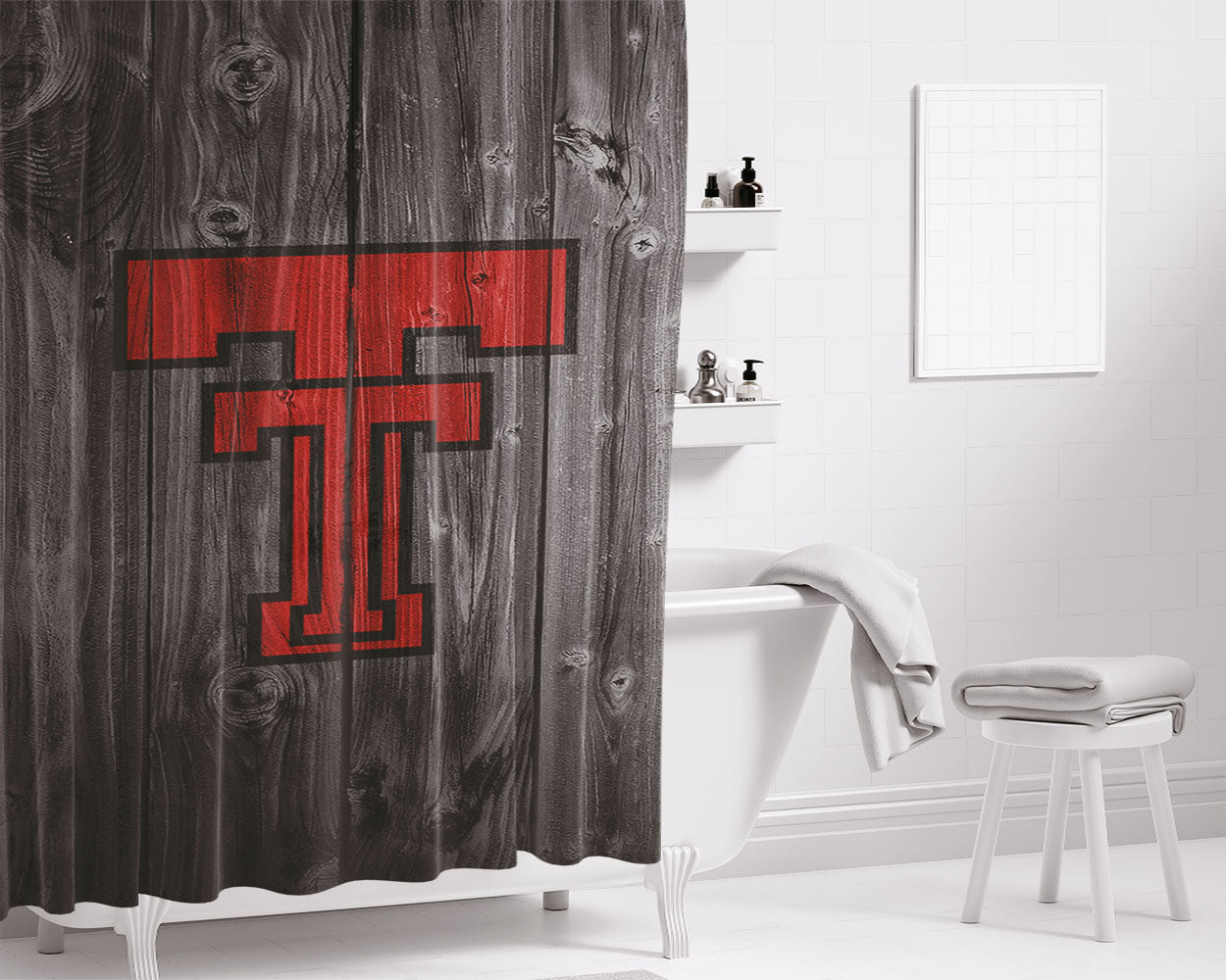 Texas Tech Red Raiders University Logo Dark Wood Bathroom Shower Curtain Fabric Waterproof | 66 X 72 Inch