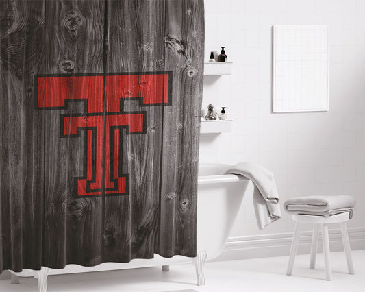 Personalized Texas Tech Red Raiders University Logo Dark Wood Shower Curtain Farmhouse Bathroom Decor