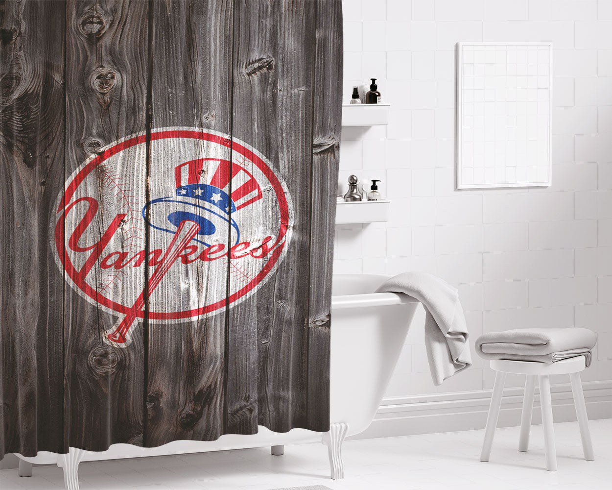 The New York Yankees Mlb Logo Dark Wood Wallpaper Bathroom Shower Curtain Fabric Waterproof | 66 X 72 Inch