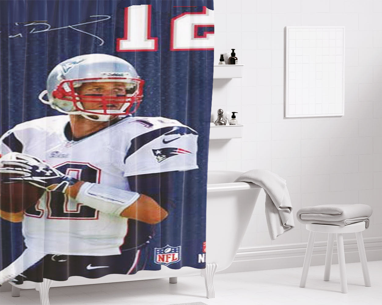 Tom Brady Jersey Bkg Autograph Bathroom Shower Curtain Fabric Waterproof | 66 X 72 Inch