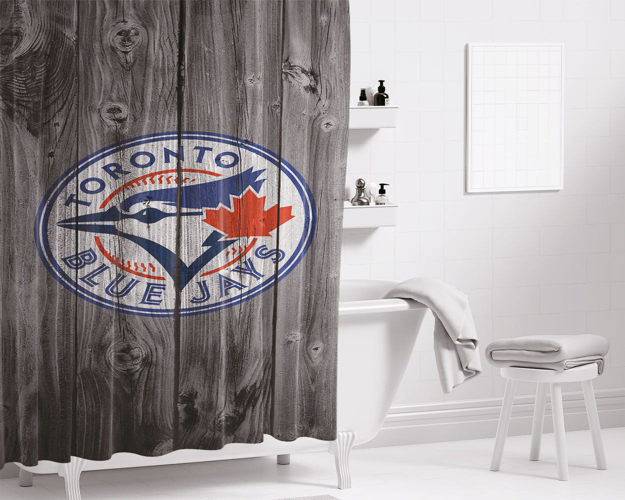 Toronto Blue Jays Mlb Logo Dark Wood Wallpaper Bathroom Shower Curtain Fabric Waterproof | 66 X 72 Inch