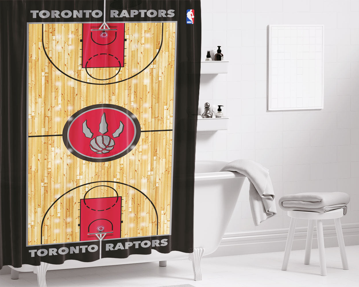 Toronto Raptors Court Wallpaper Bathroom Shower Curtain Fabric Waterproof | 66 X 72 Inch