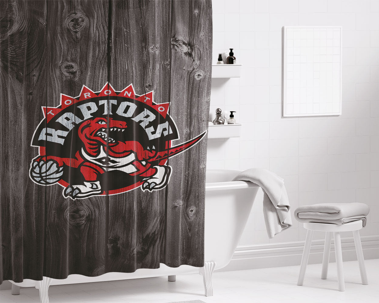 Toronto Raptors Nba Logo Dark Wood Wallpaper Bathroom Shower Curtain Fabric Waterproof | 66 X 72 Inch
