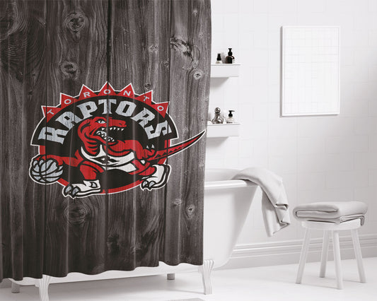 Personalized Toronto Raptors Nba Logo Dark Wood Wallpaper Shower Curtain Farmhouse Bathroom Decor